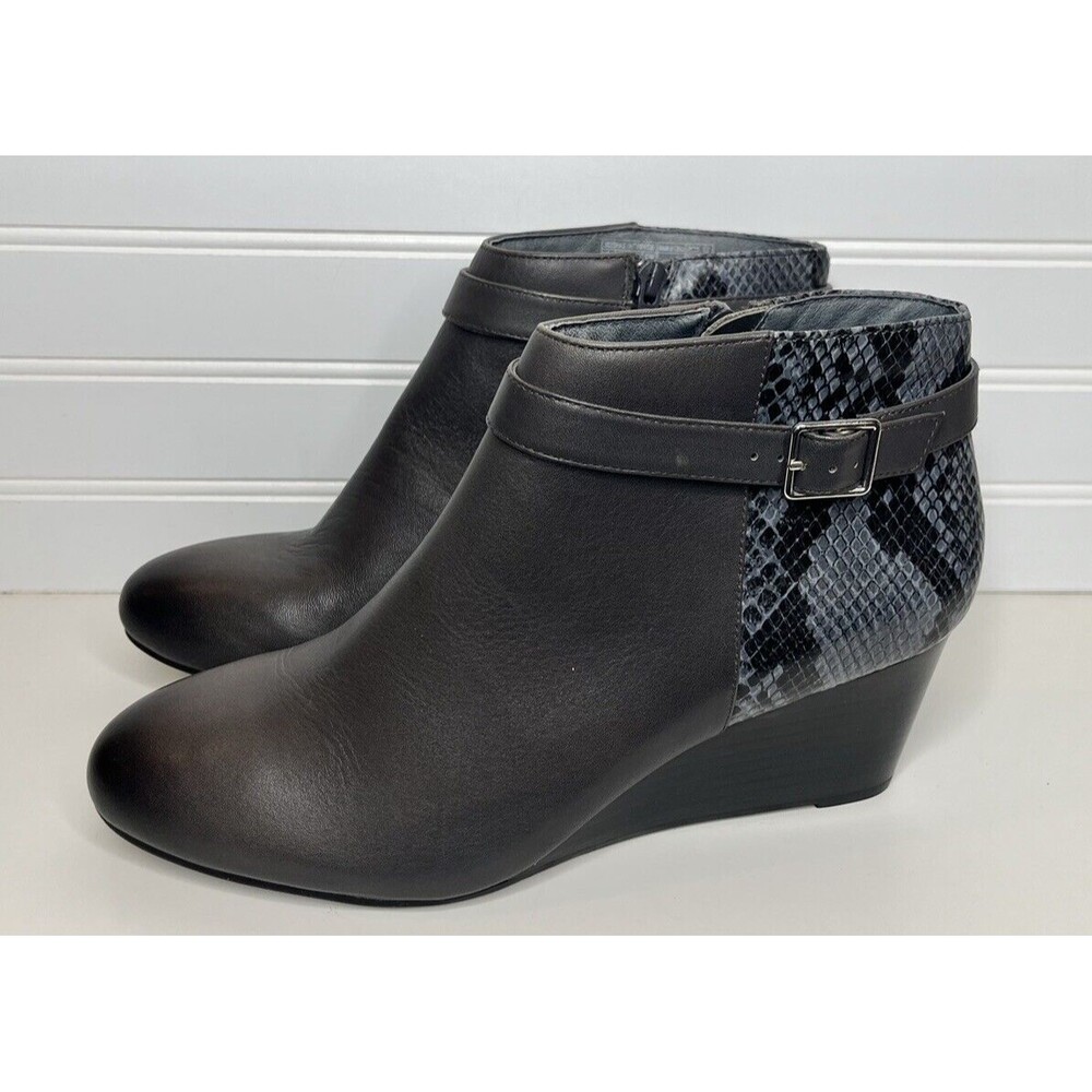 Vionic Wedge Booties Womens 11Gray Elevated Shasta Leather Snake Print Zip Shoes